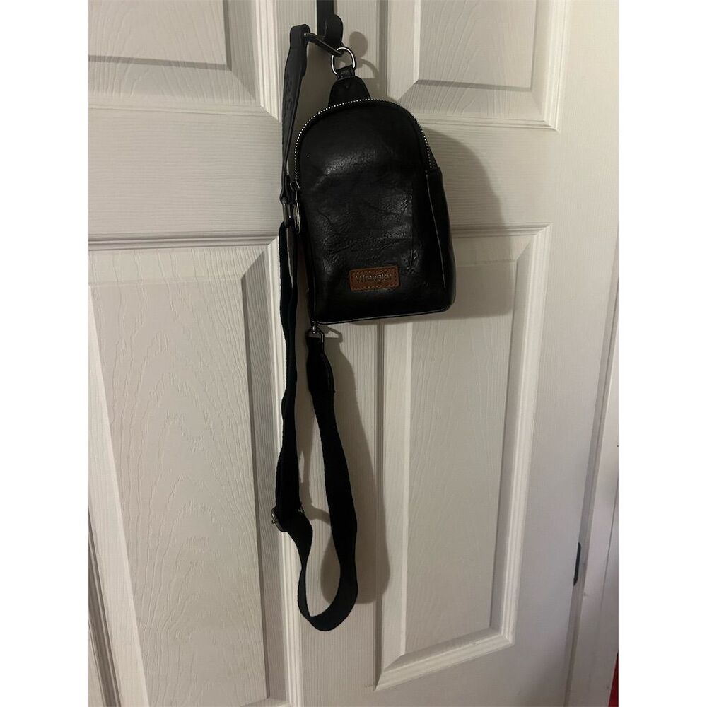 Wrangler Women's Black Leather Sling Bag Crossbody Purse with Zipper Closure